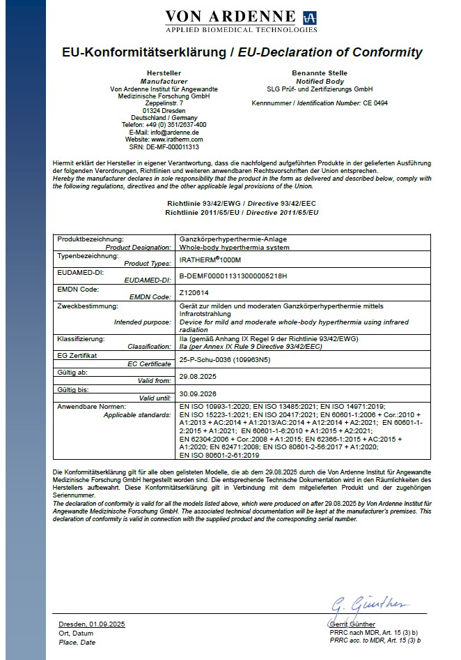 EU declaration of conformity von Ardenne Iratherm 1000 whole body hyperthermia device
