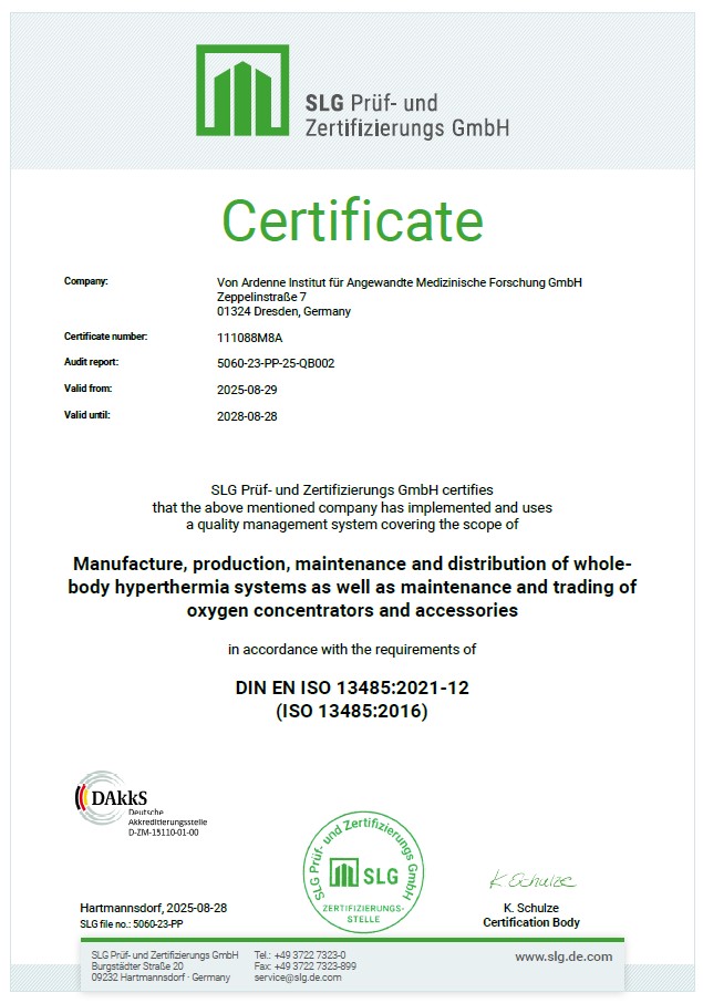 ISO 13485 certificate von Ardenne Medical Institute Dresden