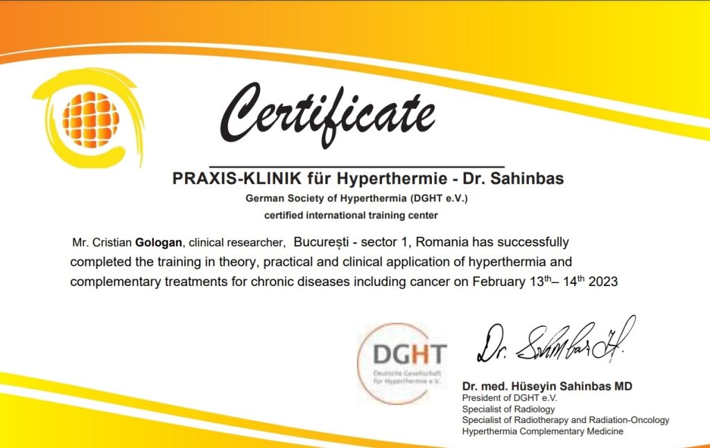 Certificate from the President of the German Society of Hyperthermia Cristian Gologan